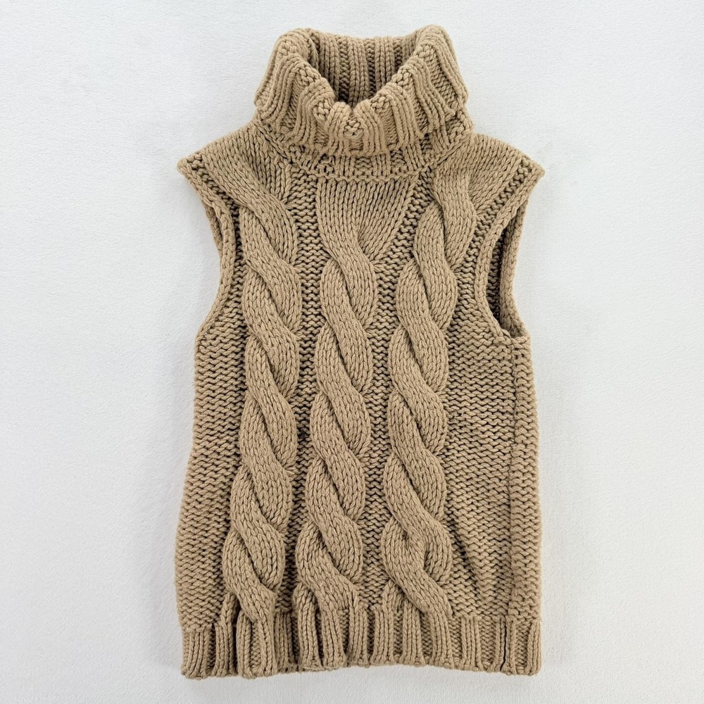 Benetton Sweater Vest Womens Small Beige Chunky Cable Knit Turtleneck Italy